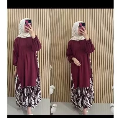 SALE Dress Kombinasi Motif Zebra Maroon/Hitam - Gamis Wanita - Dress Wanita