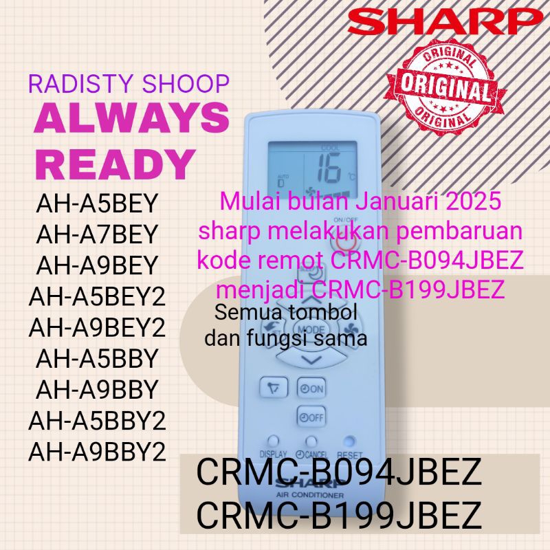 YC22 Remot AC SHARP CRMC-B094JBEZ menjadi CRMC-B199JBEZ ORIGINAL untuk model AC AH-A5BEY AH-A7BEY