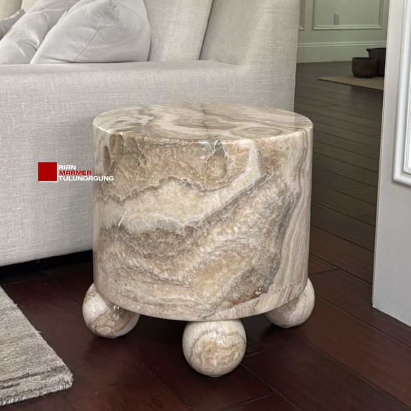 Coffee Table Aesthetic bulat tabung solid kaki bulat batu onix putih motif