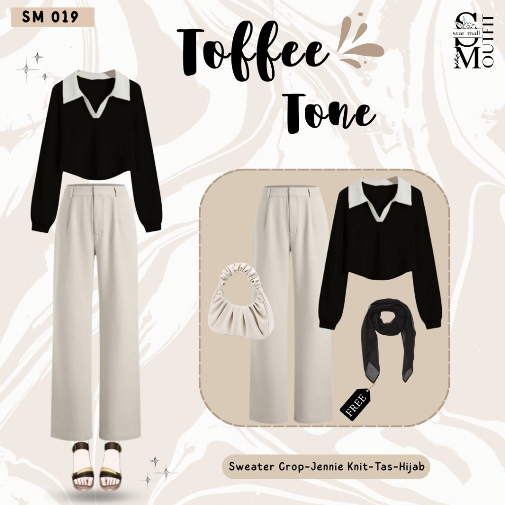 One Set Hijab Style Wanita Kekinian (Sweater Crop, Jennie Knit, Tas, Free Hijab) Outfit Casual SM019