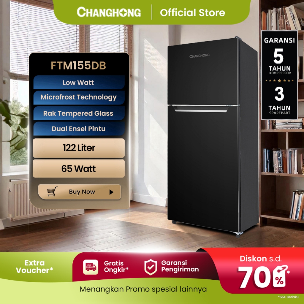 Changhong  Kulkas 2 Pintu  (Refrigerator) Lemari Es  Kapasitas 122 Liter FTM155DB Black (Semi Auto D