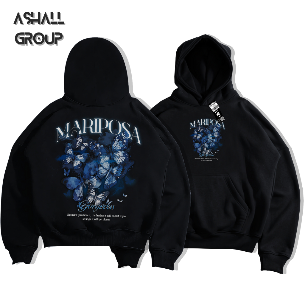 Juragan Hoodie Oversize Boxy Pria Wanita Warna Hitam Sablon Mariposa