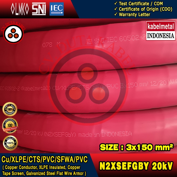 Kabel N2XSEFGBY 3x150 mm2 12/20 (24) kV - Merk Kabelmetal Indonesia (KMI)