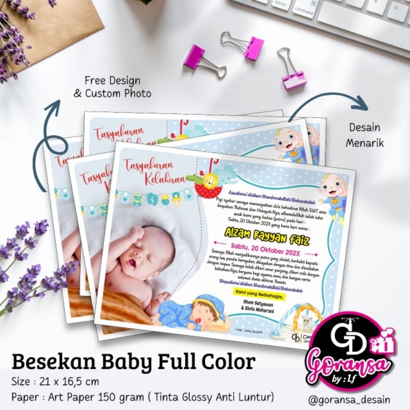 DESAIN SOFT FILE + CETAK KARTU UNDANGAN TASYAKURAN AQIQAH | KERTAS SYUKURAN KELAHIRAN NAMA BAYII