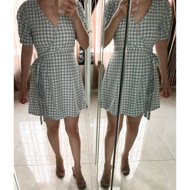 dress midi Korean style biru muda kotak