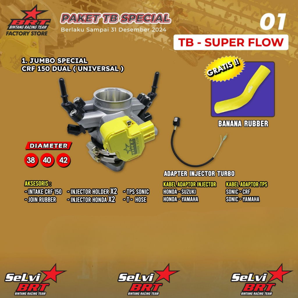 PAKET THROTTLE BODY TB BRT JUMBO DOUBLE DUAL DUA INJECTOR SUPER FLOW CRF 150 38 40 42