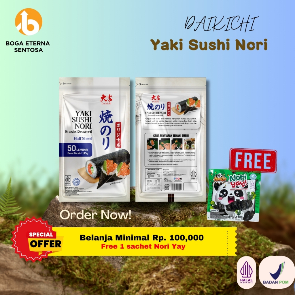 

DAIKICHI YAKI SUSHI NORI HALF SHEET ROASTED SEAWEED / RUMPUT LAUT PANGGANG ( HALAL ) PROMO!!!