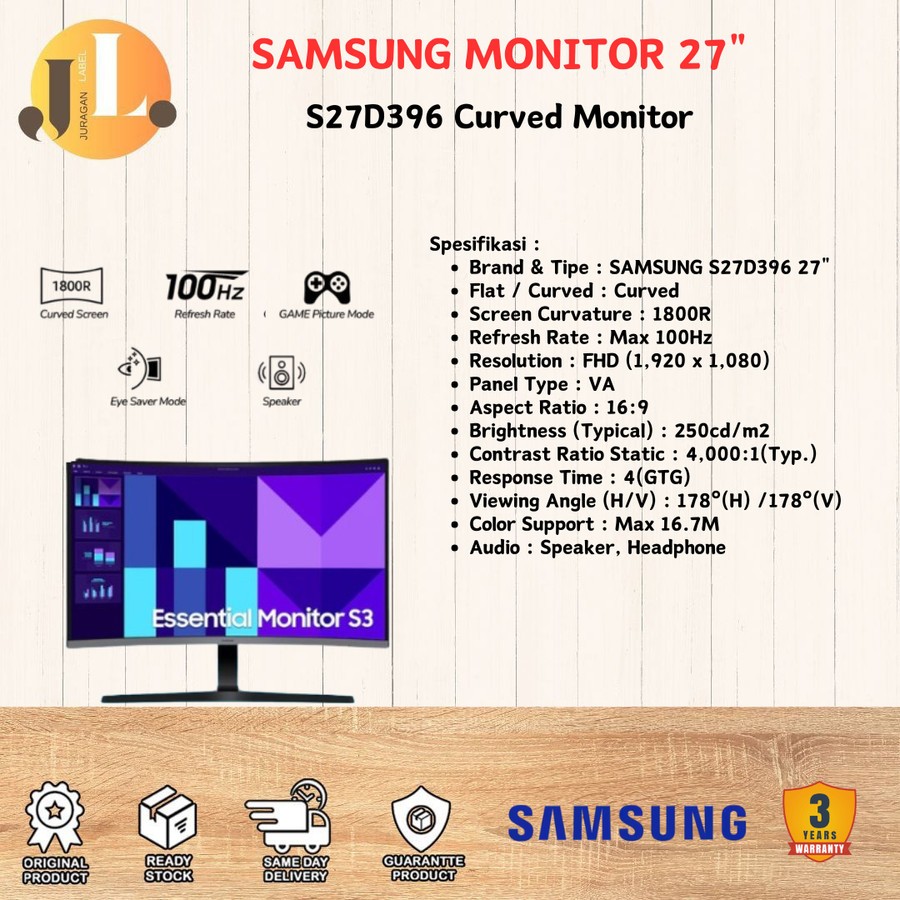Monitor LED SAMSUNG S27D396 | LS27D396 | LS27D396GA - ESSENTIAL S3 S39GD Curved 27 Inch