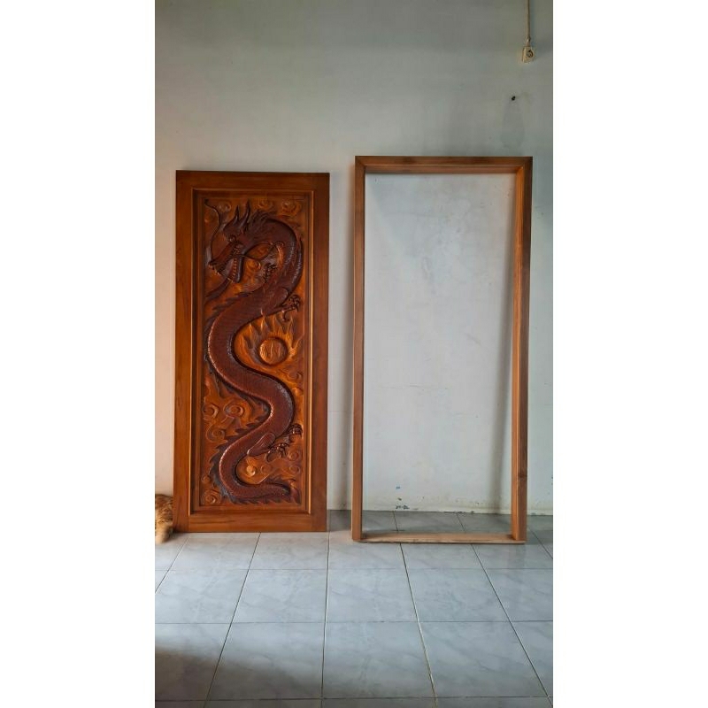 Kusen dan daun pintu ukir Naga asli kayu jati