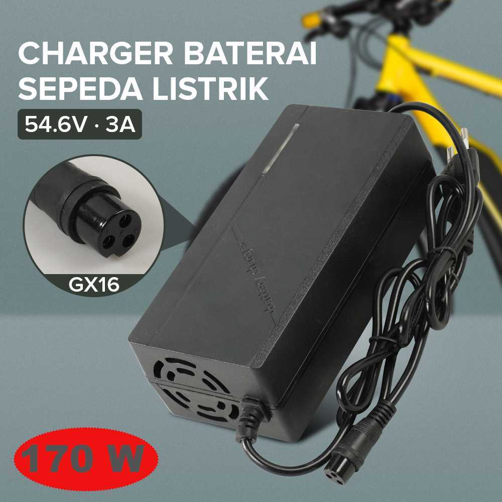 Adaptor Charger Baterai Skuter Sepeda Listrik 54.6V 3A Cas Batre Sepeda Listrik Lampu Indikator