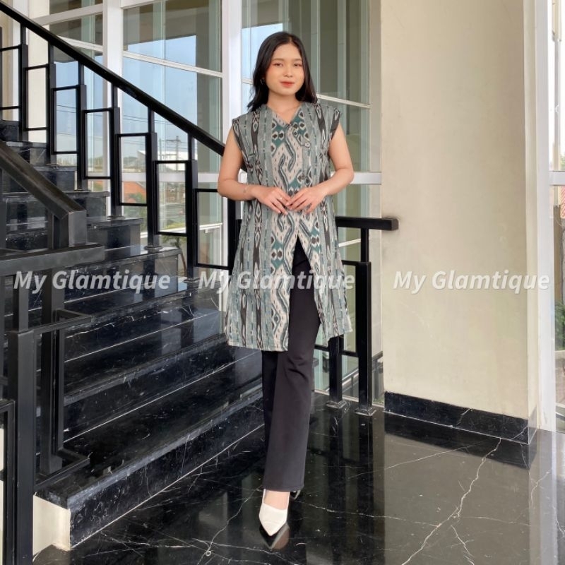 Long Cardi Batik Atasan Wanita Modern Outer Panjang Tanpa Lengan