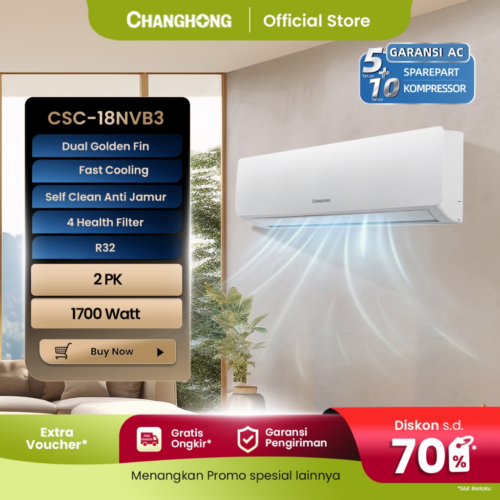 CHANGHONG AC 2 PK STANDARD CSC 18NVB3 [INDOOR + OUTDOOR UNIT ONLY]   [FAST COOLING] [ECO MODE]