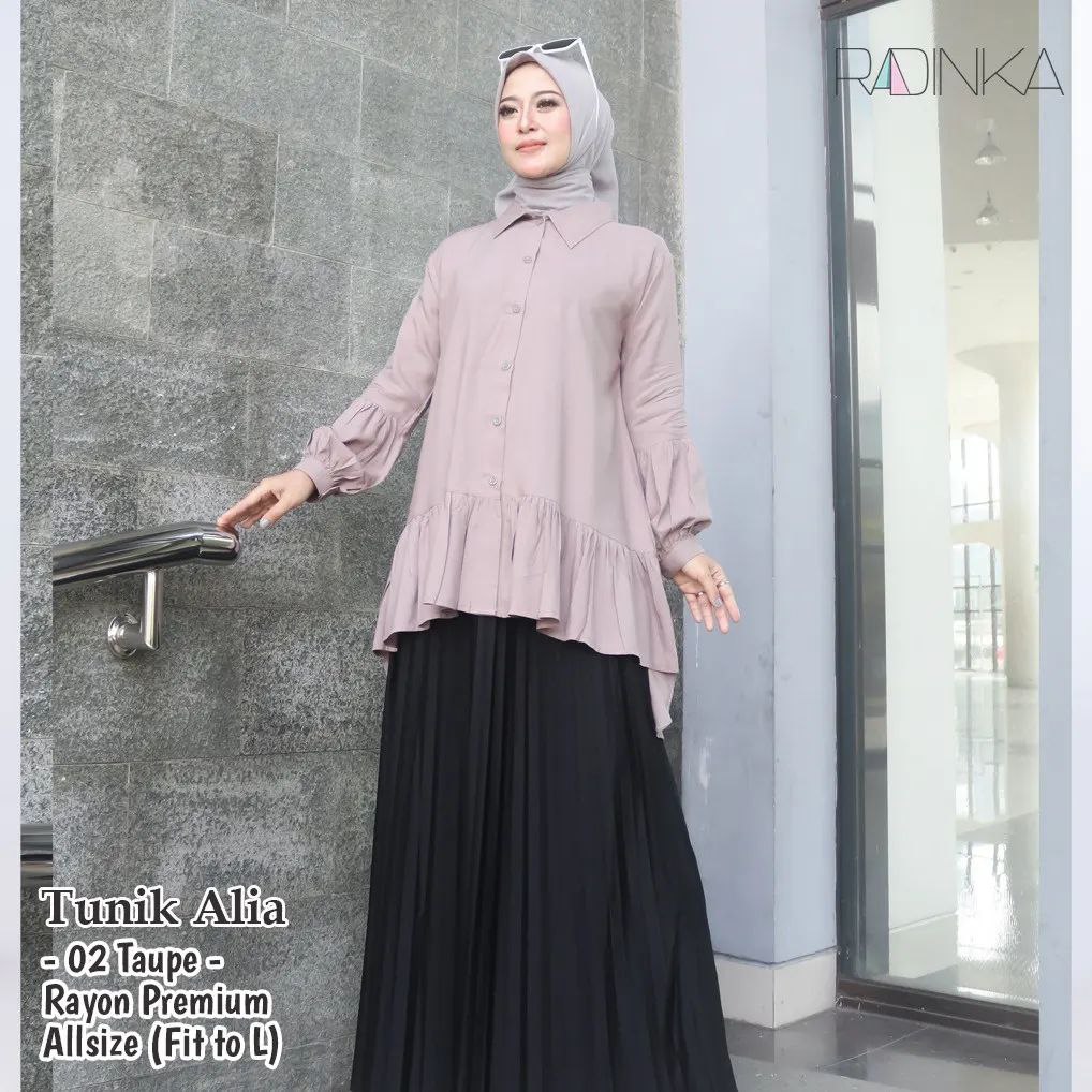 Habeeba Tunik Alia - Taupe | Premium Rayon Ruffle Tunic | Dubai Style Hijab Fashion Allsize