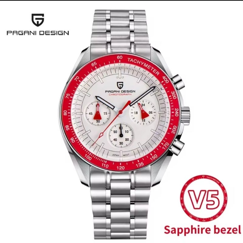 NEW PAGANI DESIGN SPEEDMASTER RED WHITE SEIKO VK63 MECAQUARTZ STEEL SOLID 316 L SAFIR DOME + AR COAT