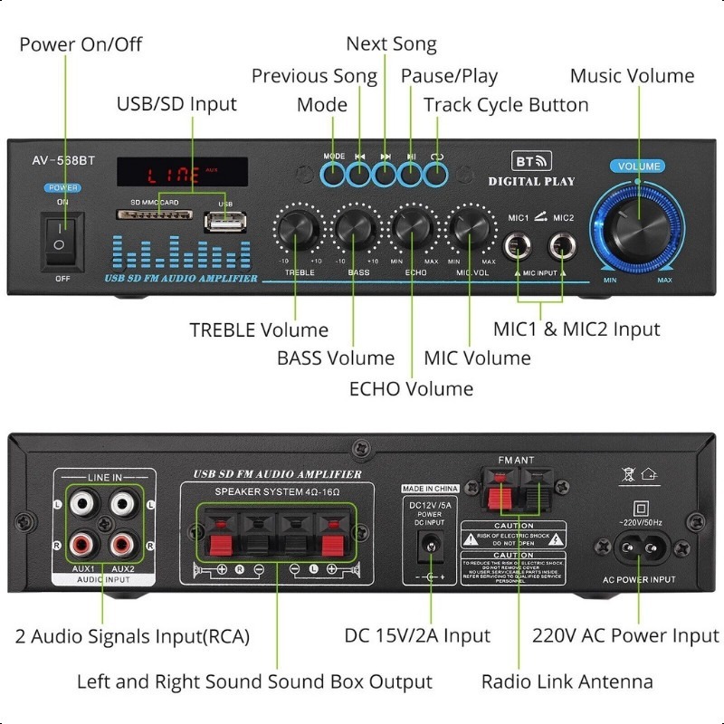 Wuzhi Audio Power Amplifier Subwoofer Bluetooth Av-668Bt Amplifier Karaoke Amplifier Board Audio Fm