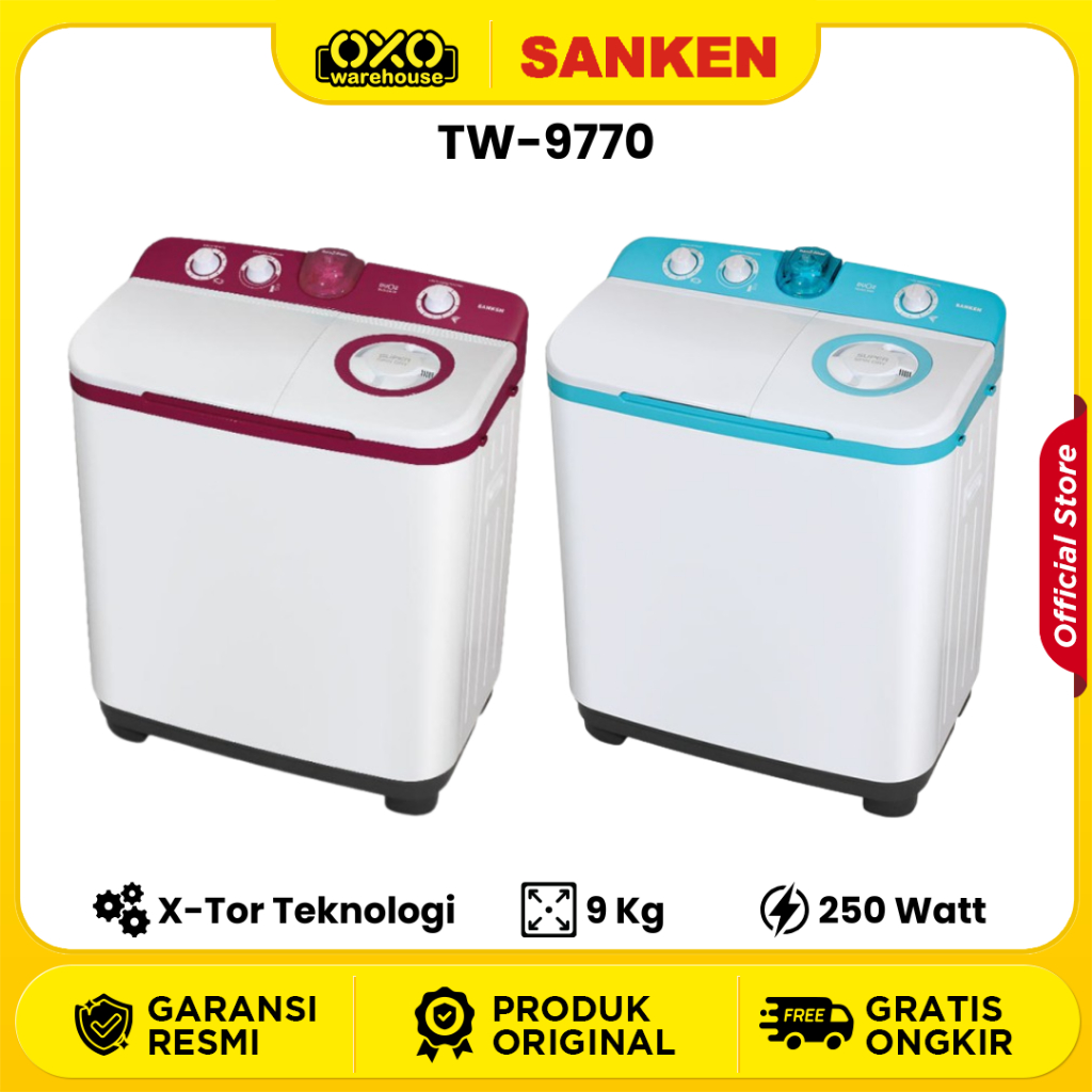 SANKEN Mesin Cuci TW-9770 2 Tabung Kapasitas 9Kg X-Tor Teknologi Low Watt Garansi Resmi