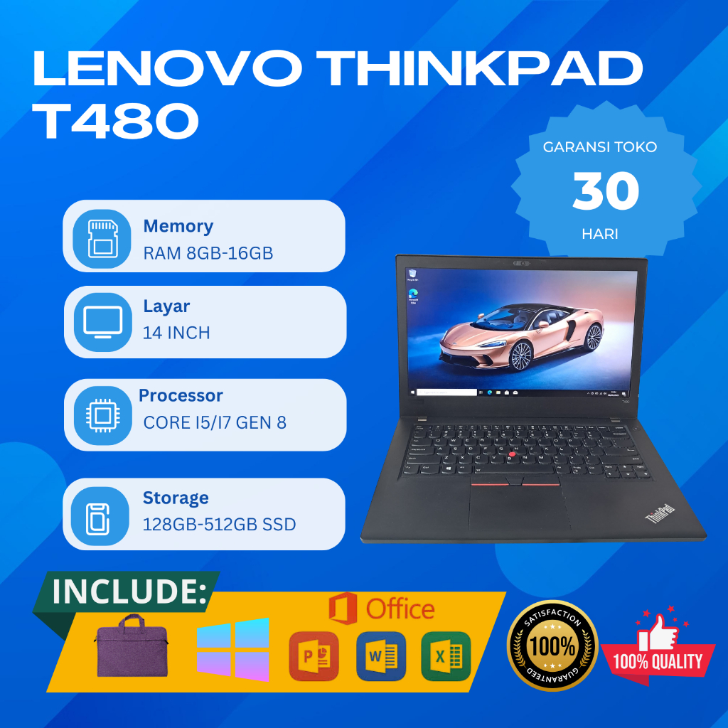 Laptop Lenovo Thinkpad T480 Core i5/i7 Gen 7/8 Ram 8/16GB SSD 128GB-512GB Second Bergaransi