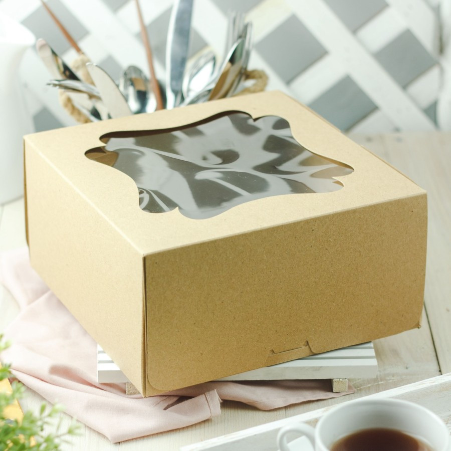 

( 10pcs ) Box marmer cake kraft laminasi jendela mika 25x25x12 cm dus kue bolu tempat roti kotak hampers