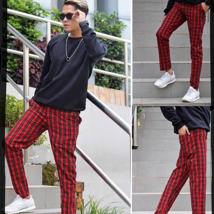 Celana Tartan Panjang Motif Kotak Kotak Merah Biru Pria Ukuran 27 - 38