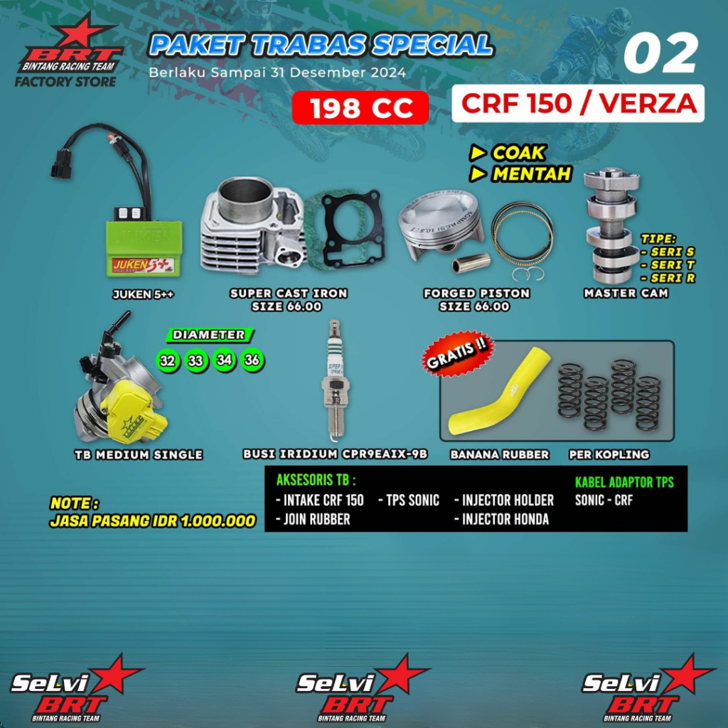 PAKET TRABAS BRT BLOK CAST IRON SET PISTON 66.00 MM ECU JEKEN 5++ MASTER CAM NOKEN AS BUSI IRIDIUM T