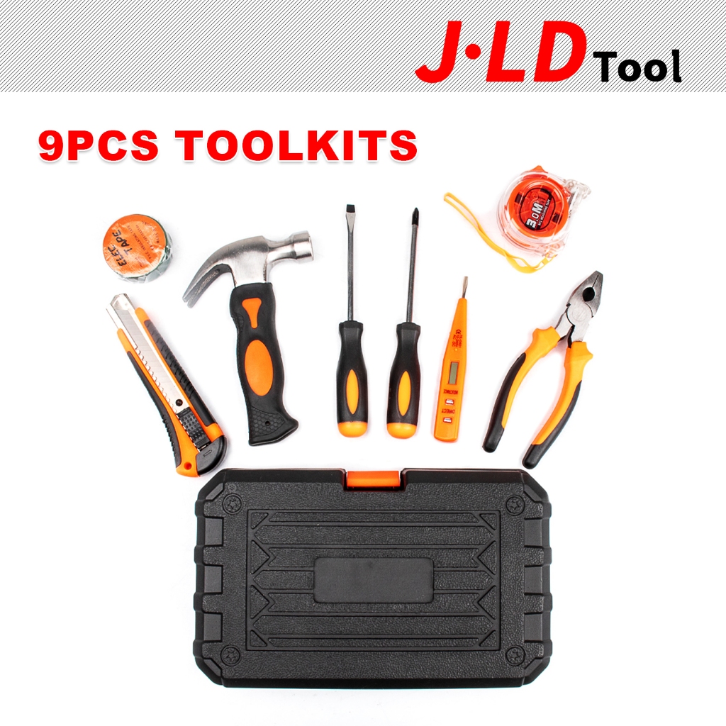 JLD Tools 9-Piece Kit Set Alat Pertukangan Palu Kotak Perkakas Tangan Set Lengkap Alat Pengrajin Tan