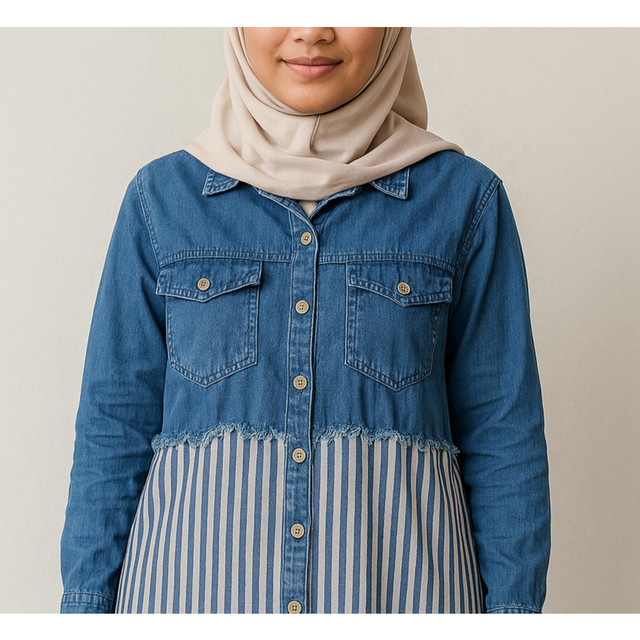Tunik Denim Wanita Muslim Modern Kombinasi Motif Garis – Fashion Hijab Casual Terbaru 2025