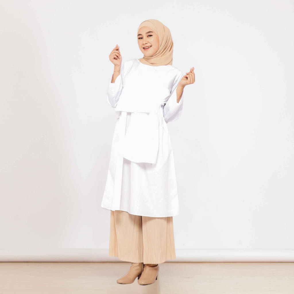 Baju Atasan Wanita Tunik Lengan Panjang Putih Baju Casual Mandy Tunic