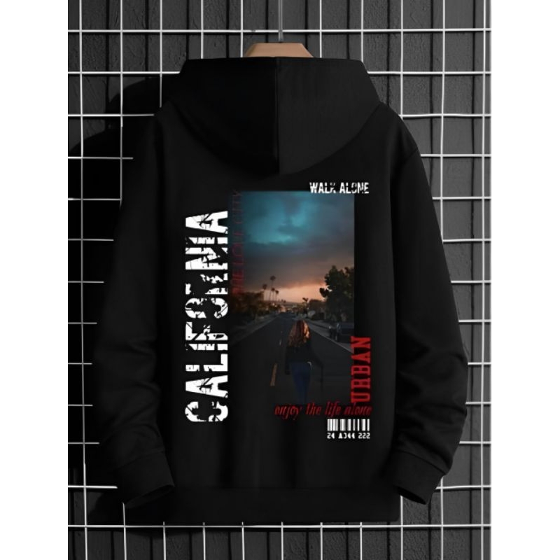 Hoodie Cowok Warna Hitam Gambar Belakang California