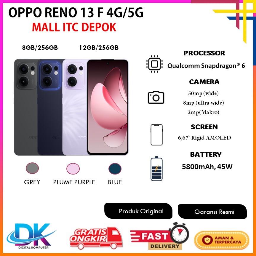 OPPO RENO 13 F 4G|5G 8GB 256GB| 5G 8GB 256GB| 5G 12GB 256GB GARANSI RESMI OPPO INDONESIA
