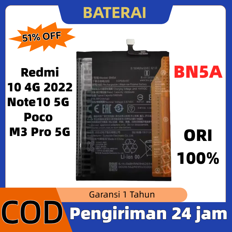 【ORIGINAL】Baterai Redmi 10 4G 2022 / Redmi Note 10 5G / Poco M3 Pro 5G BN5A + Garansi 1 tahun