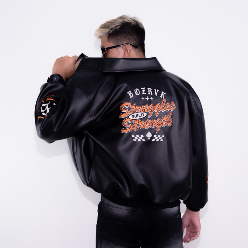 BOZRVK Jaket Varsity Leather Hitam Full Bordir Strength D2