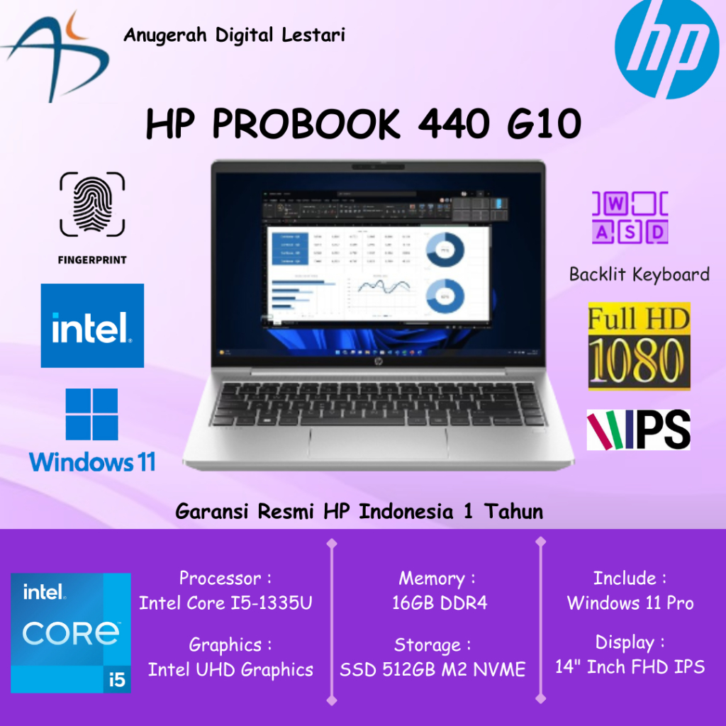 HP Probook 440 G10 9J091PT Intel i5-1335U 16GB SSD 512GB WIN 11 Pro 14"FHD IPS Backlit+Fingerprint