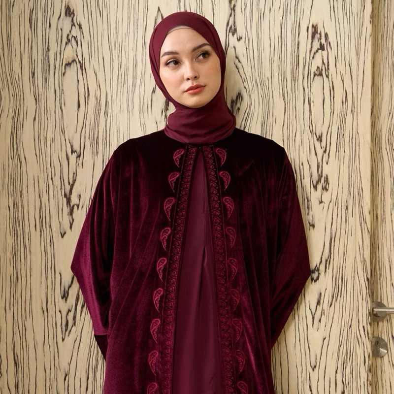 Hameeda x Guzelya - Armor Velvet Abaya Outer with 2in1 Instan Sheer Pashmina