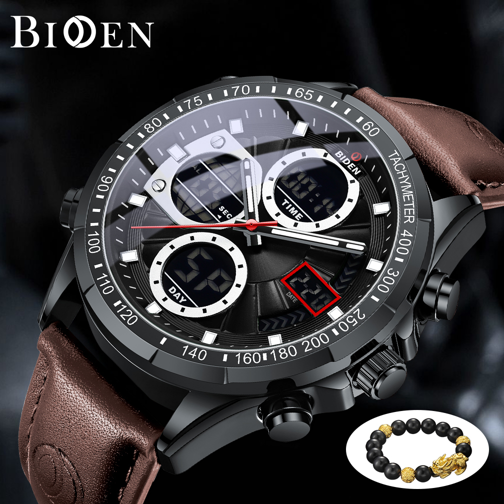 BIDEN Jam Tangan Pria Anti Air Original Olahraga Multifungsi Alarm Kalender Bercahaya Tali Kulit Jam