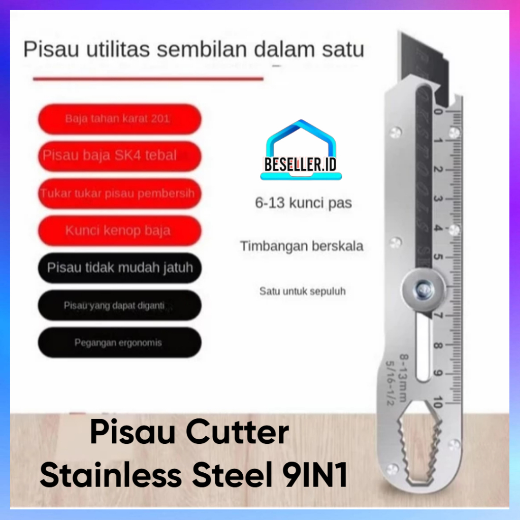 

BSid Pisau Cutter Stainless Steel 9IN1 Dengan Pengukur Pembuka Botol / Cutter Pemotong Kertas Tajam Anti Karat