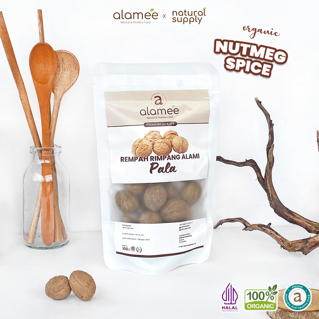 

ALAMEE Biji Pala Utuh Rempah Kering Nutmeg Whole Rimpang Organik Alami Bumbu Seasoning Masakan 100gr