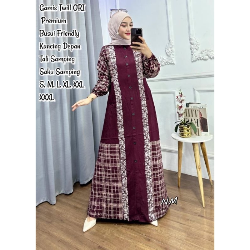 Gamis Twill Ori premium terbaru 2025 Marun Motif Kotak