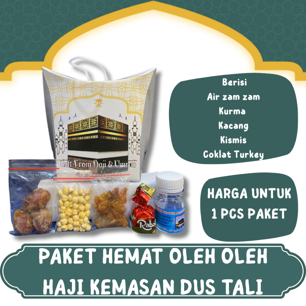 

OLEH OLEH HAJI DAN UMROH 1 PCS PAKET HEMAT KEMASAN DUS TALI ISIAN AIR ZAMZAM I KACANG ARAB I KURMA KHALAS I KISMIS I SOUVENIR GIFT FROM I HAMPERS HAJI I HADIAH HAJI