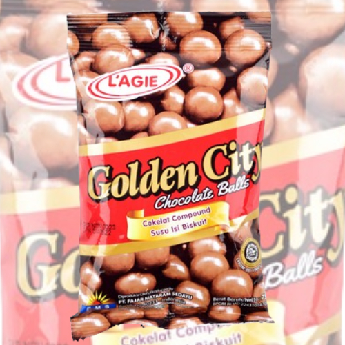 

Lagie Golden City Chocolate Balls cokelat coklat compound susu isi biskuit kemasan pabrik 75 gr