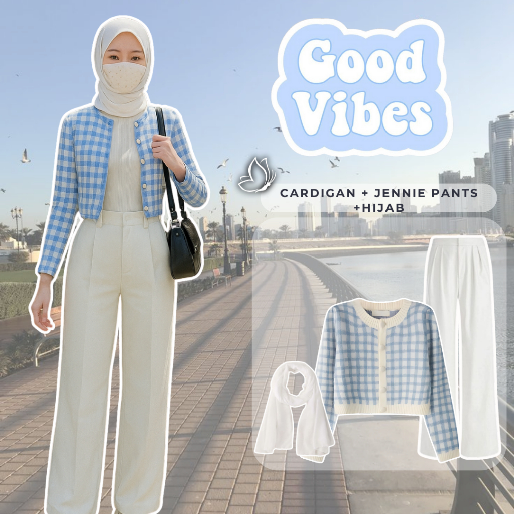Douyin Outfit Korean Style (Cardigan + Jennie Knit + Hijab) OOTD Wanita Kekinian TERBARU RC0010016