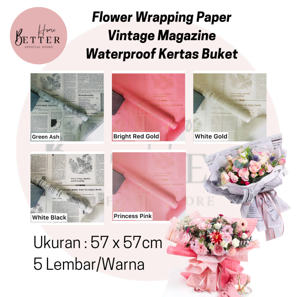

Better Home - [5 LEMBAR] Flower Wrapping Paper Vintage Magazine Waterproof Kertas Buket Koran EMYAK