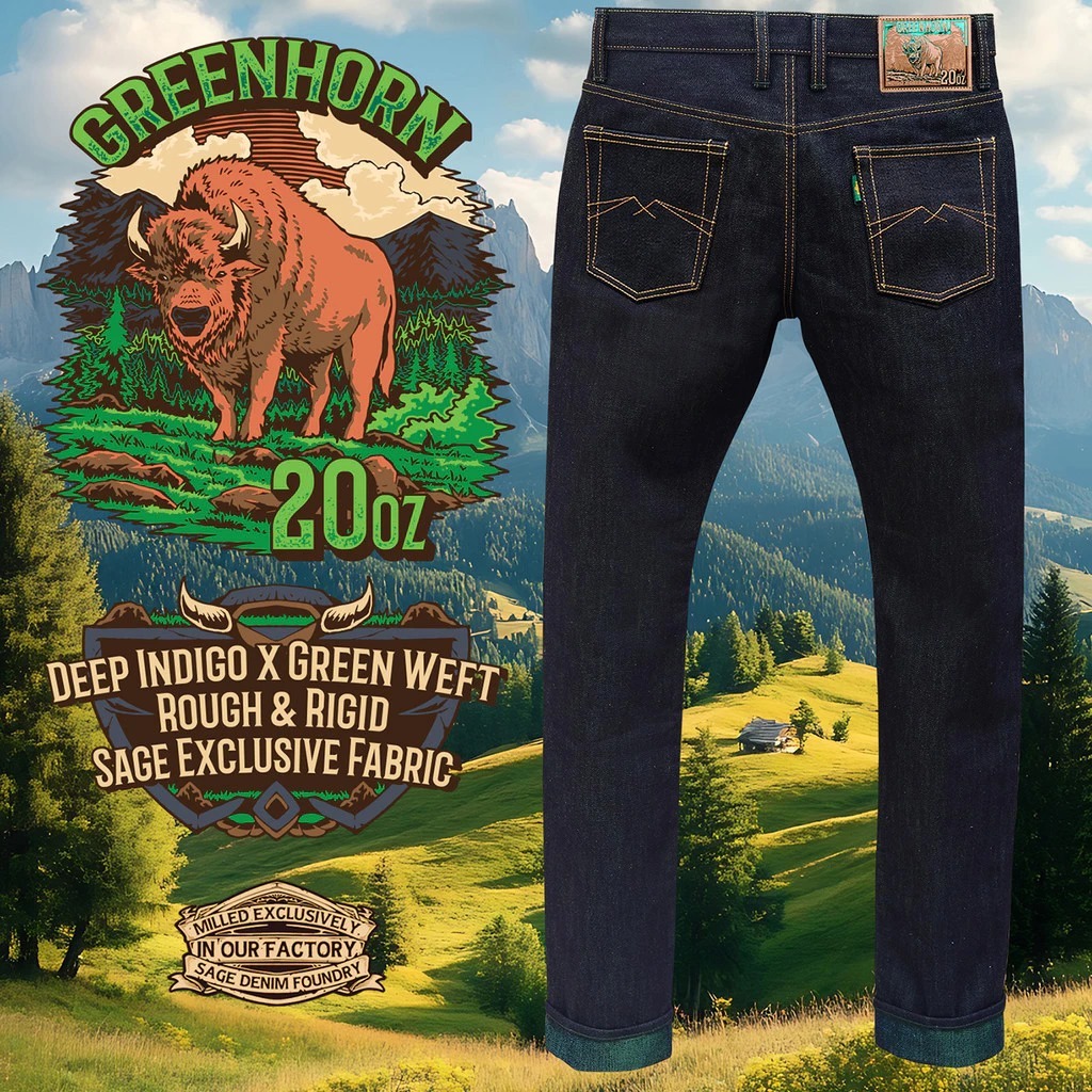 Greenhorn 20oz Unsanforized Deep Indigo x Jade Green