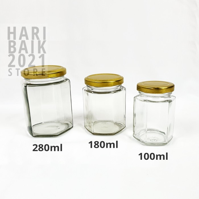 [1Dus] Toples Kaca Segi Enam | Botol Kaca Hexagon Jar 45ml, 85ml, 100ml, 180ml, 280ml Tutup Kuning E