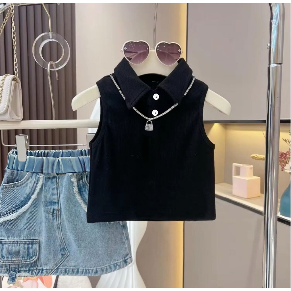 Setelan Anak Perempuan Usia 1-5 Tahun Kaos Polo Knit Rok Jeans Terbaru Dan Kekinian