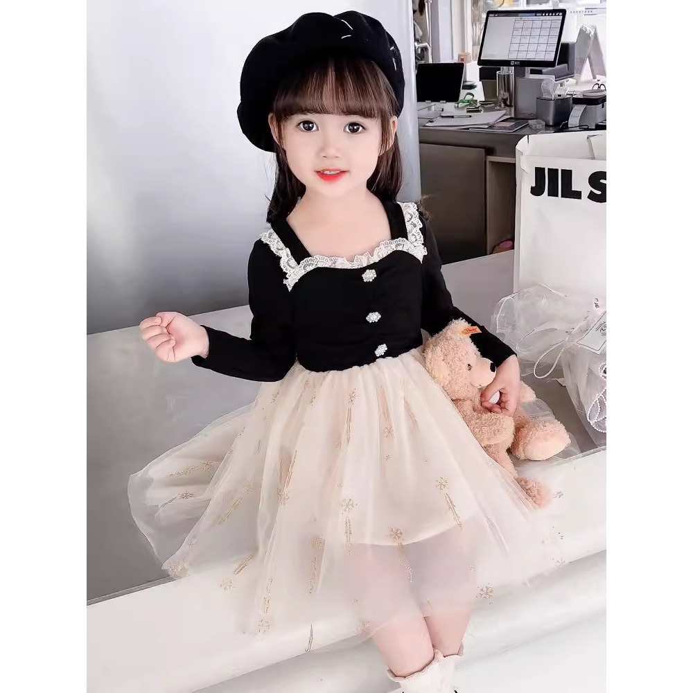 Dress Trendy Anak Perempuan Model Gaun Tutu Tile Lengan Panjang Kombinasi Rompi Renda Kancing Mix Ro