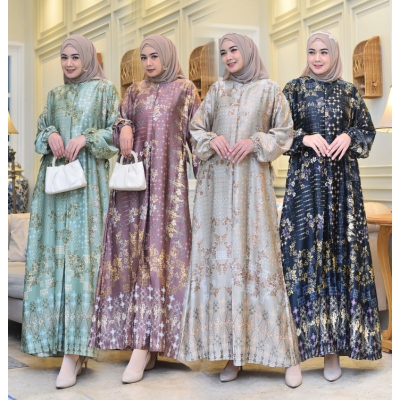 Gamis Silky Premium Aqila Dress Motif Printing Terbaru Busui Jumbo Gradasi A Bunga Cantik Ready Sera