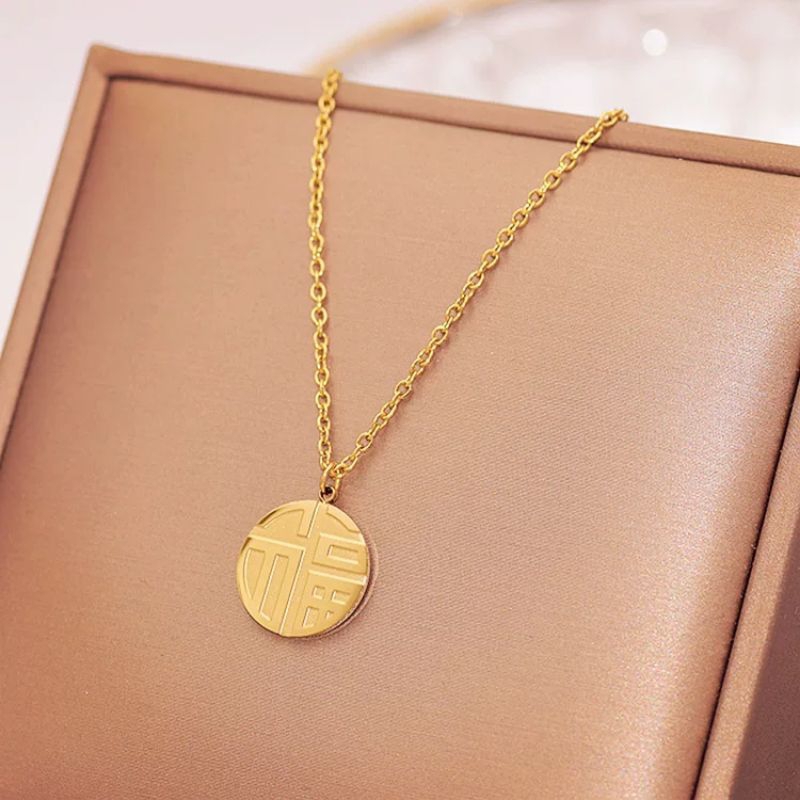 Kalung baja titanium gaya Cina, kalung wanita rantai sweter pendek gaya retro kalung bulat gaya ding