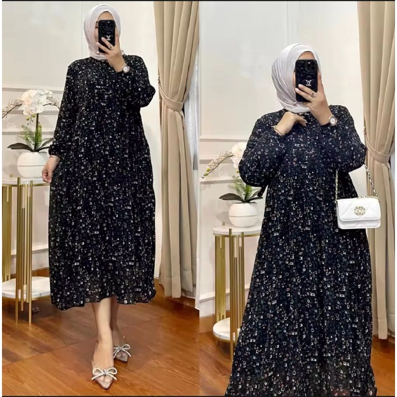 MIDI dress rayon twill motif bunga, MIDI dress terbaru model kekinian busui, MIDI dress masa kini mo