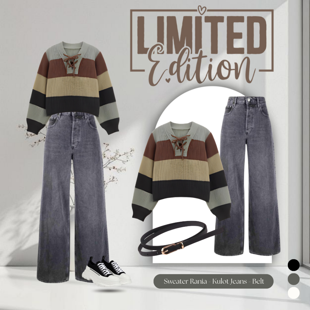 Outfit Wanita Kekinian {Sweater Rajut Sage Tali Pita + Kulot Jeans Snow Black + Belt Hitam} UW029