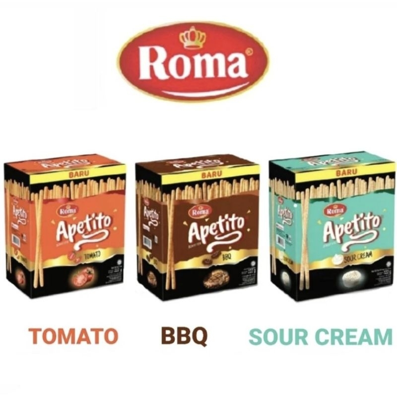 

Roma Apetito snack biskuit stick crunchy & berbumbu kemasan 1 box (150g) isi 10 bungku